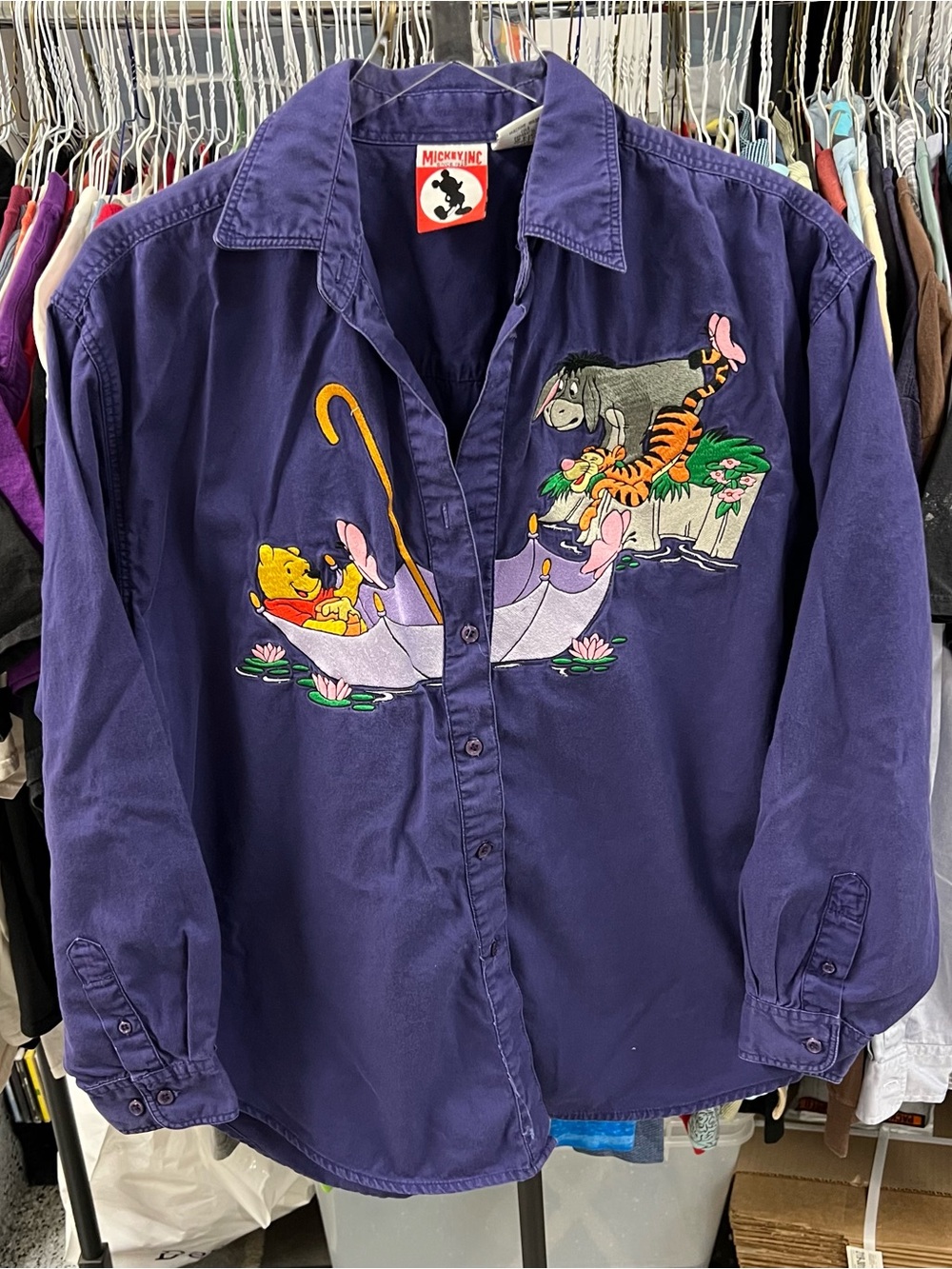 Mickey Inc Shirt Women XL Purple Winnie the Pooh Button Up VTG (FLAW)
